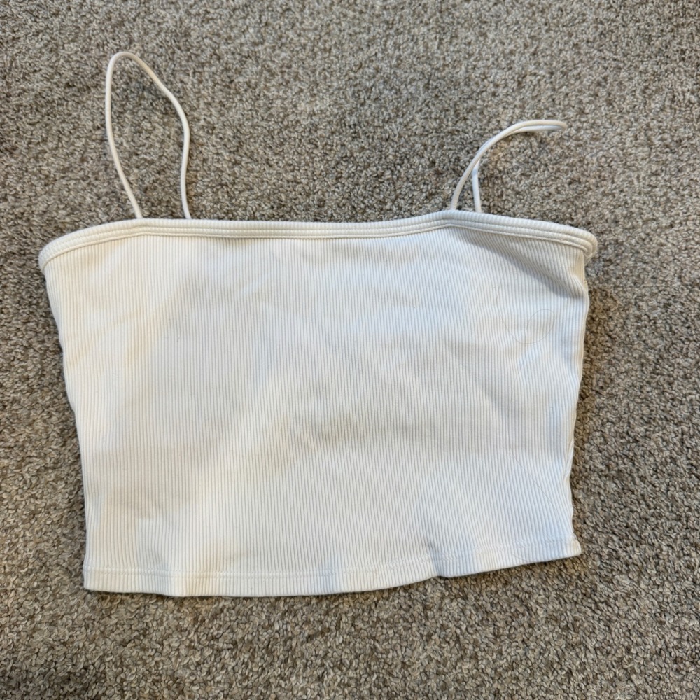 Alo Yoga White Ribbed Cropped Tank Top Spaghetti Strap Cami XS RN87370